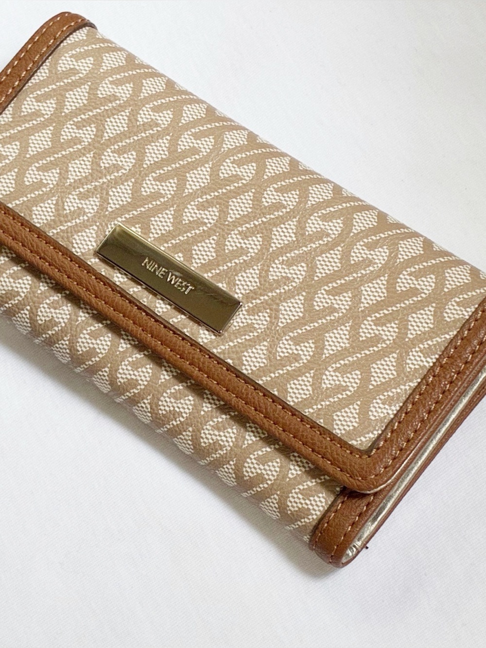 NINE WEST Trifold Long Wallet Beige Brown Checkbook Organizer